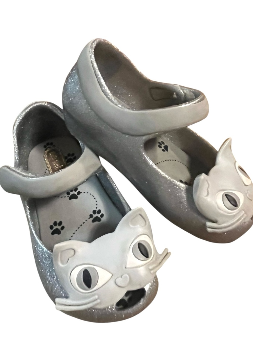 Mini Melissa Girls Sz 6 Silver Glitter Cat Mary Jane Jelly Shoes Peep Toe Whimsy